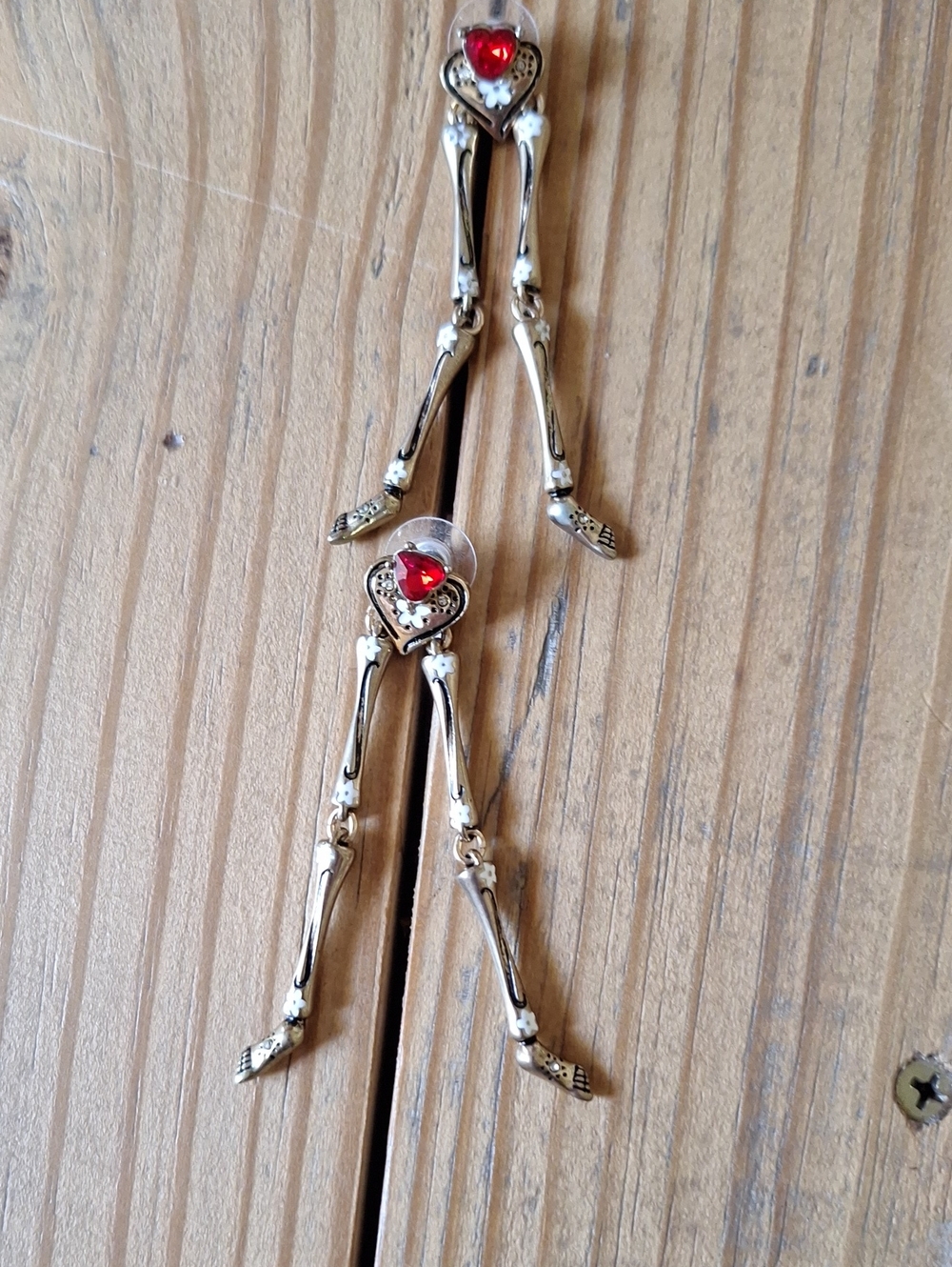 Betsy Johnson Skeleton Drop Earrings with Red Heart Accent